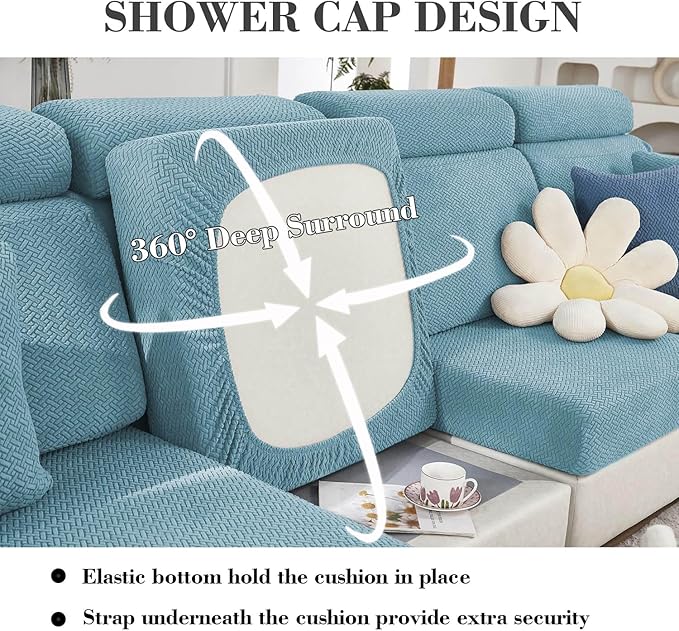 Sofa Covers Couch Covers for Sofa Pet Friendly Couch Cushion Covers Universal Sofa Covers Washable Stretch Slipcovers for Sectional Sofa (Texture Sea Blue, 2 Seats + Chaise Cover)