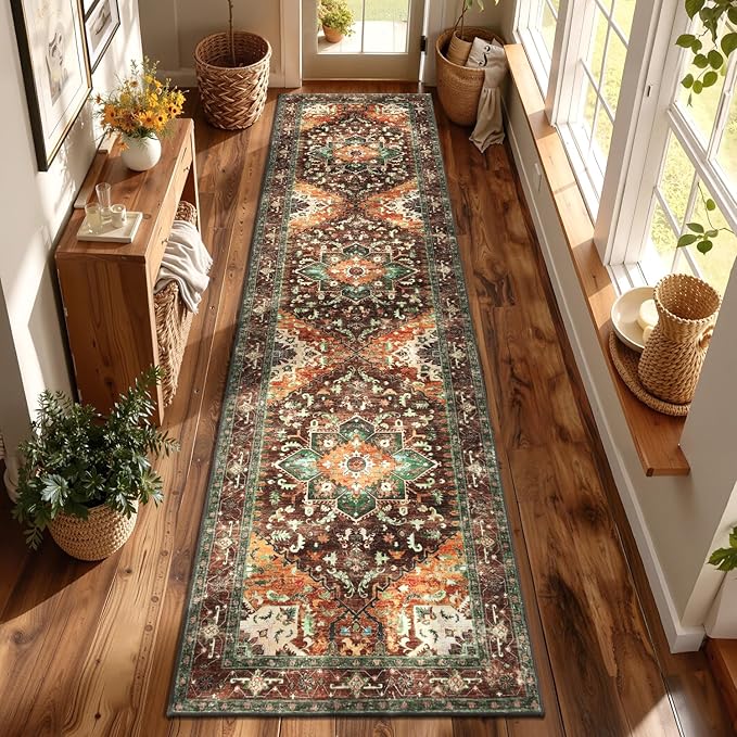 Yamaziot Washable Runner Rug, 3x12 Non-Slip Boho Vintage Hallway Rug Runner with Rubber Backing, Stain Resistant Low Pile Distressed Carpet Runner for Bedroom, Kitchen, Laundry, Entrance