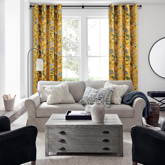 94 Inches Long Custom Satin Window Treatments,Retro Art Deco Floral Hummingbird Patterned Pretty Elegant Mustard Yellow Light Blocking Grommet Curtains Two Pages Curtains for Bedroom Playroom Room