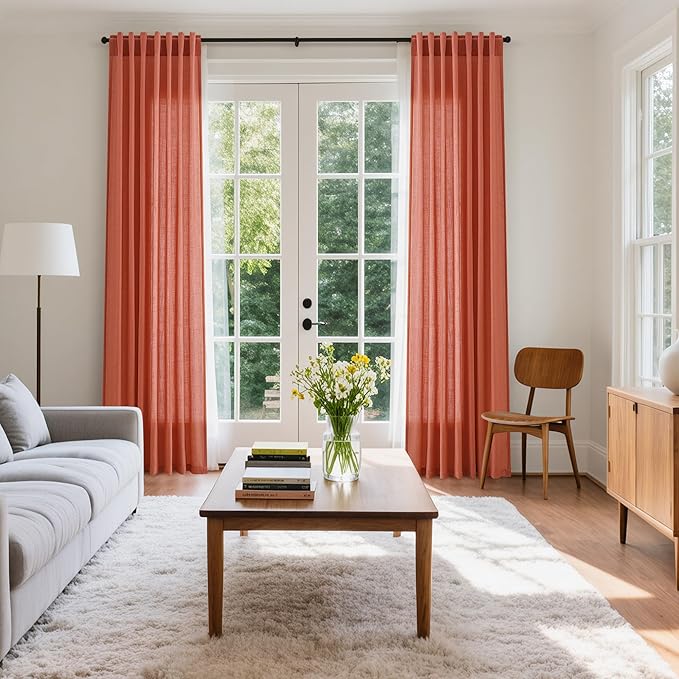 Nanspring Coral Linen Curtains 120 Inches Long 2 Panels Set Back Tab Loop Pocket Light Filtering Semi Sheer Boho Large Window Decor Extra Long Drapes for High Ceiling Living Room 52x120
