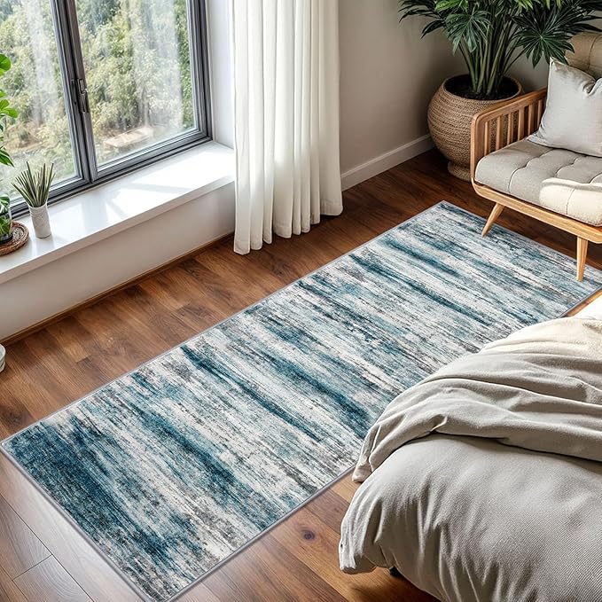 KOZYFLY Modern Abstract Hallway Runner Rug, 2x5 Washable Rug Runner Non-Slip Soft Striped Kitchen Runner Rugs, Print Blue Carpet Runner for Entryway Bathroom Laundry Room Foyer