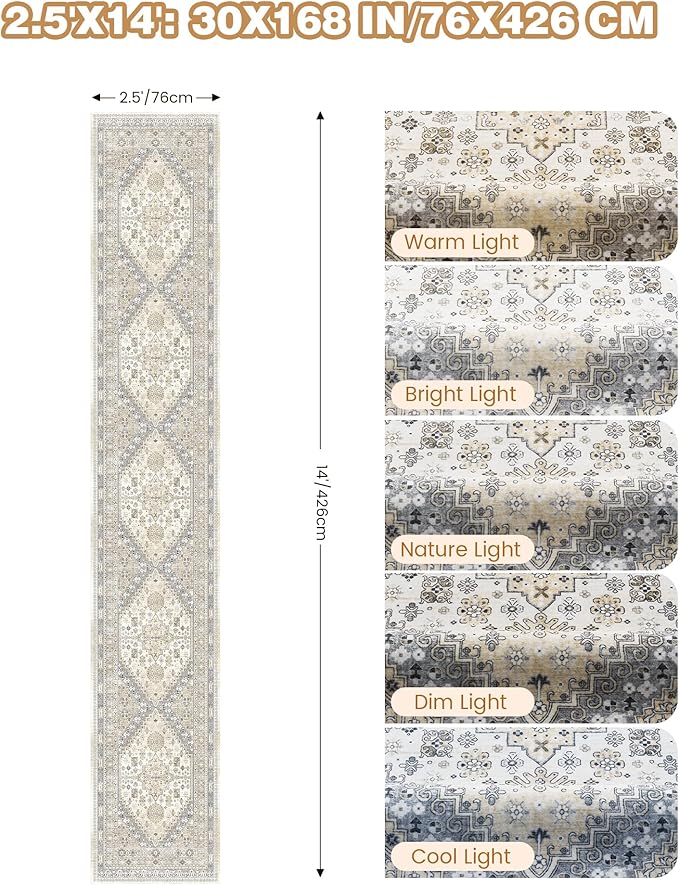 Washable Runner Rug 2.5x14, Non-Slip Long Kitchen Mats for Floor, Vintage Rug for Entryway, Soft Hallway Runner for Dining Room, Bedroom, Living Room(Beige,2.5'x14')