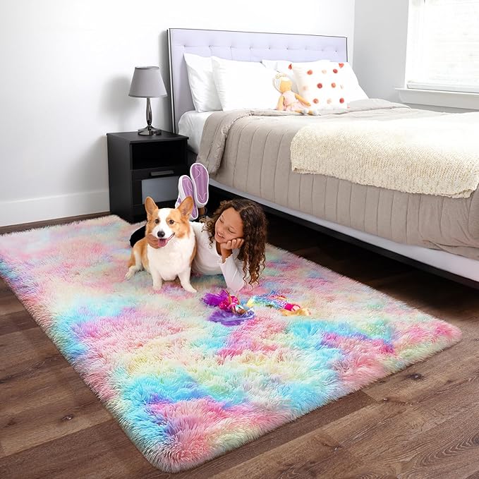 Ophanie Rainbow Rug for Bedroom Girls, Unicorn Colorful Fluffy Soft Cute Fuzzy Area Rugs, Shag Plush Shaggy Bedside Floor 4x6 Furry Carpet for Kids Baby Teen Dorm Nursery Home Decor Aesthetic