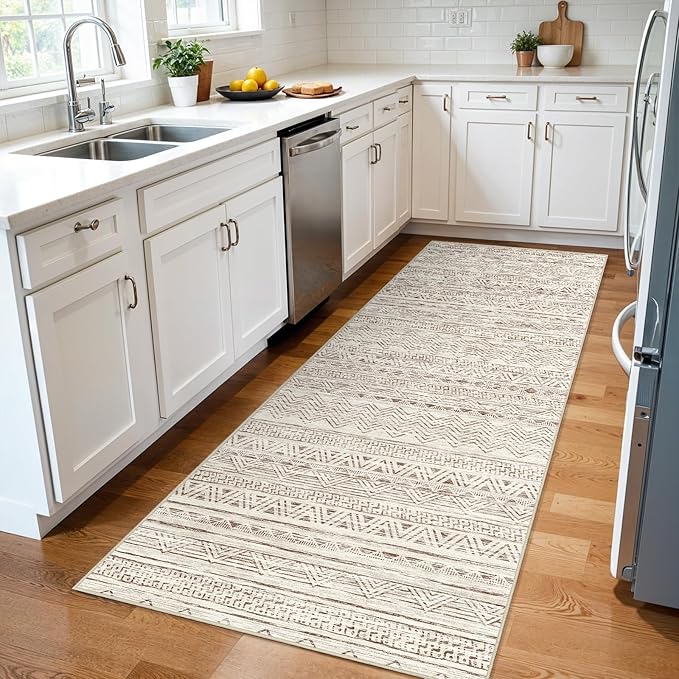 3x7 Washable Hallway Runner Rug - Moroccan Non-Slip Indoor Table Long Runners for Entryway Soft Low-Pile Neutral Rugs for Kitchen Waterproof Geometric Carpet for Bedroom Bathroom Laundry 3x7 Beige