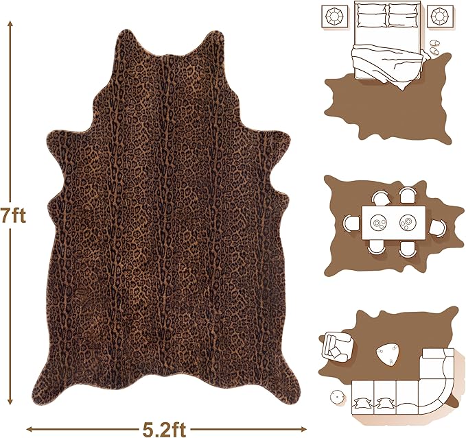 Faux Antelope Cheetah Print Rug, Leopard Rug 5.2x7 Faux Animal Print Skin Cheetah Area Rug for Bedroom Living Room Animal Fur Hide Rustic Dark Brown