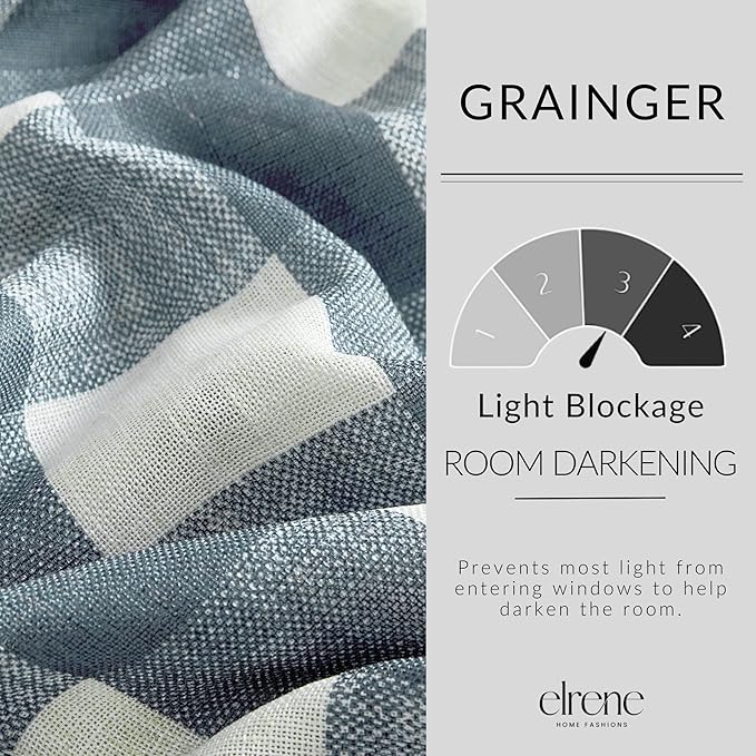 Elrene Home Fashions Farmhouse Living Grainger Buffalo-Check Blackout Window Curtain, Living Room and Bedroom Drape with Rod Pocket Tabs, 52" x 95", Chambray, 1 Panel