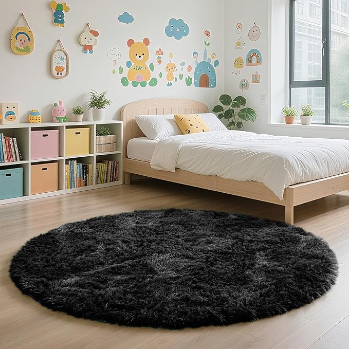 yulidayang Black Fluffy Round Area Rugs for Bedroom,3'X3'Shag Circle Area Rugs for Living Room,Non Slip Fuzzy Plush Rug for Kids Room Boys Girls Room and Dorm Home Decor Rug