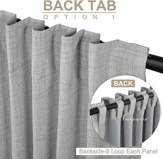 100% Blackout Shield Linen Blackout Curtains for Bedroom 96 Inches Long, Back Tab/Rod Pocket Living Room Drapes, Thermal Insulated Blackout Curtains 2 Panels Set, 50" W x 96" L, Ash Grey