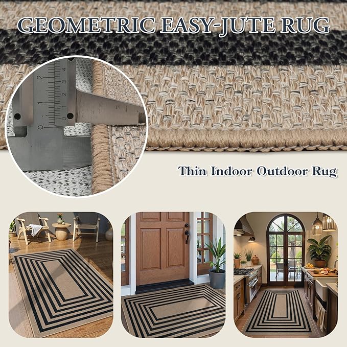 Lahome Enfys Modern Geometric Easy Jute Outdoor Rug, 3x5 Black Washable Kitchen Rugs for Bedroom Thin Non Slip Indoor Door Mat, Non Slip Farmhouse Carpet for Office Patio