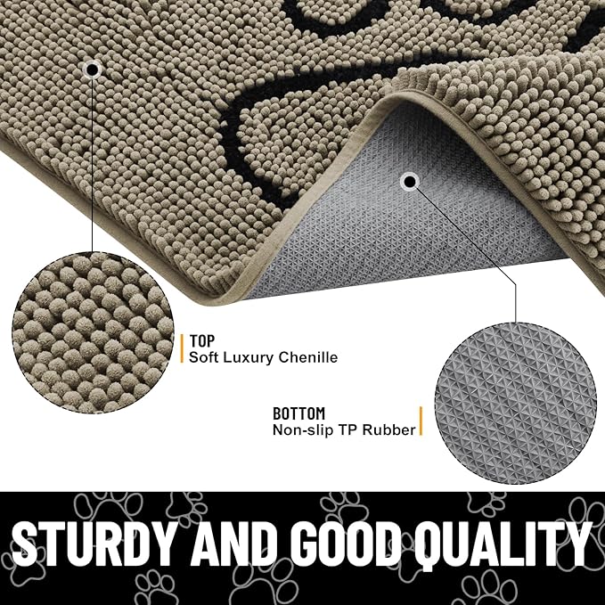 Smiry Dog Door Mat for Muddy Paws, Absorbent Dirt Trapper Non Slip Quick Dry Washable Chenille Mat for Mud Dogs, Entry Rug for Indoor and Outdoor (36x24 Inches, Warm Taupe and Black)