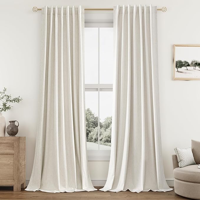 Guken Cream 100% Blackout Linen Curtains 95 Inch Length 2 Panels Set for Living Room Bedroom Back Tab Thermal Insulated Black Out Drapes Room Darkening Farmhouse Window Curtains,52x95