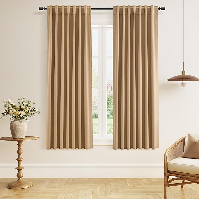 Guken Camel Brown 100% Blackout Linen Curtains 63 Inch Length 2 Panels Set for Living Room Bedroom Back Tab/Rod Pocket Thermal Insulated Black Out Drapes Room Darkening Farmhouse Window Curtains