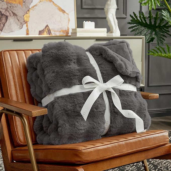 Cozy Bliss Faux Fur Bubble Throw for Couch, Fuzzy Soft Plush Thick Blanket for Sofa Bed Gift, 50x60 Inches Charcoal Grey