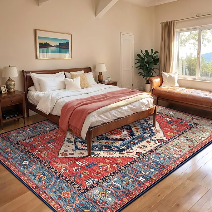 SERISSA 7x10 Area Rugs for Living Room, Large Washable Non-Slip Boho Rug, Ultra Soft Vintage Rust Oriental Tribal Print Distressed Carpet for Dining Room Bedroom Dorm Office Home Decor