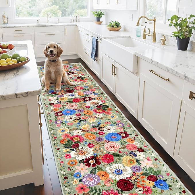Rug for Hallways Kitchen Rug 2'6" x 14', Non Slip Washable Rugs with Rubber Backing Soft Floral Carpet Runner for Hallways, Kitchen, Laundry, Bedroom, Bathroom(2.6 x 14, Green Garden)