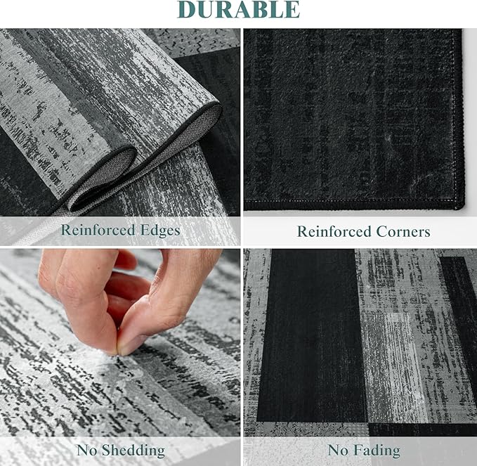 LIANLAM 3x5 Washable Area Rugs for Living Room and Bedroom, Vintage Checkered Pattern Non-Slip Carpet, Stain Resistant Low Pile Soft Rug for Dining Room,Office,Nursery,Kids Room(3x5,Gray)