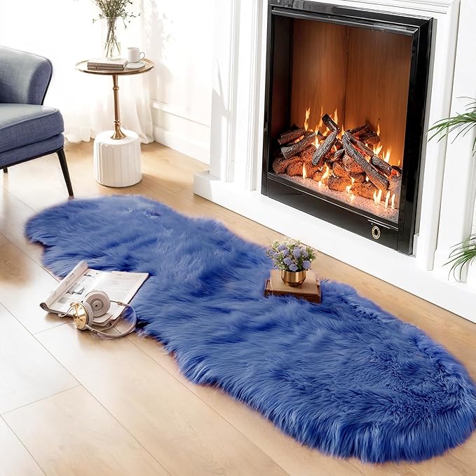 Ciicool Ultra Soft Faux Sheepskin Fur Rug Fluffy Rug for Bedroom Fuzzy Carpet for Living Room Kid's Room Nursery Decor, Dark Blue 2 x 6 Feet