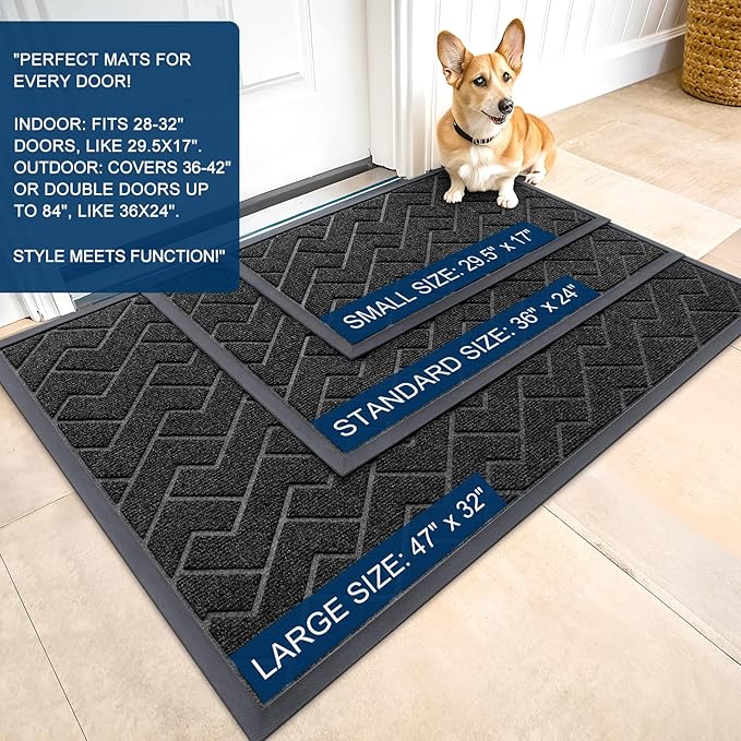 OLANLY Front Door Mat Indoor Outdoor Entrance, Waterproof All-Season, All-Weather Doormat, Sturdy Natural Rubber, Low Profile, Easy Clean Patio Porch Entryway Mat, Herringbone Brick (Black, 29.5x17)