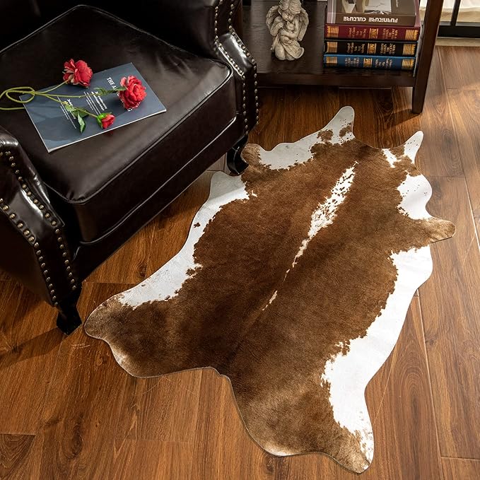 AROGAN Faux Cow Print Rug Large (6ft x 7ft) - Cow Print Area Rug with No-Slip Backing, Large Animal Skin Rugs for Living Room, Offfice, Room Decor, Brown