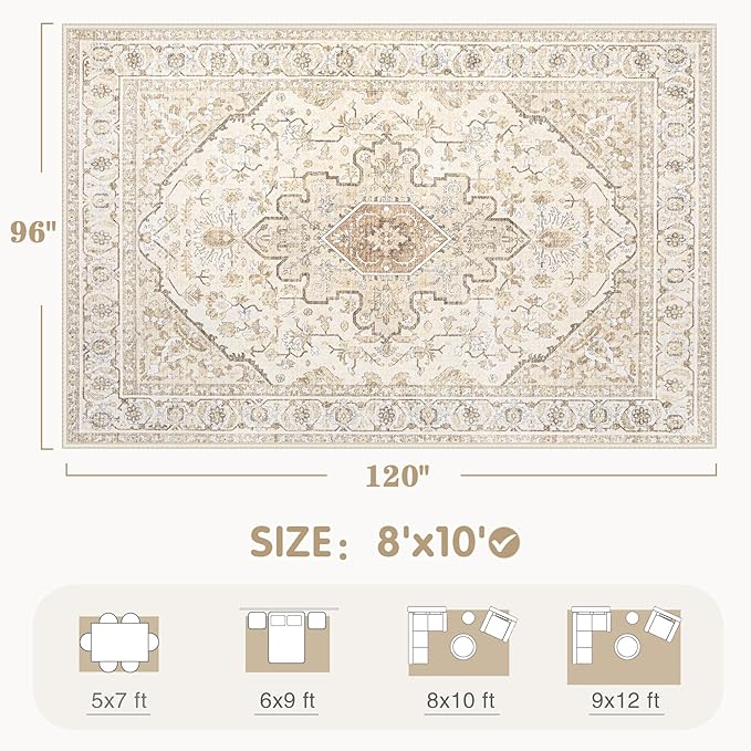 Area Rugs 8x10 Vintage Rug: Large Washable Living Room Rug Retro Medallion Distressed Soft Low Pile Non-Slip Indoor Floor Carpet for Bedroom Kitchen Nursery Dining Office (BeigeBrown, 8'x10')