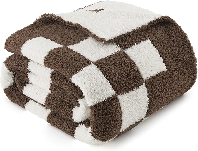 Bedsure Gentlesoft Checkered Twin Blanket for Couch - Soft Cozy & Warm Knit Brown Throw Blanket, Breathable, Lightweight & Fluffy Plaid Blankets for Bed & Sofa, Gifts for Women Men, 60x80 Inches