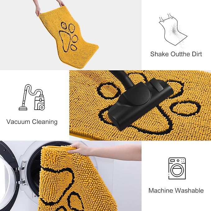 Smiry Dog Door Mat for Muddy Paws, Absorbent Dirt Trapper Non Slip Quick Dry Washable Chenille Mat for Mud Dogs, Entry Rug for Indoor and Outdoor (30x20 Inches, Golden Yellow and Black)