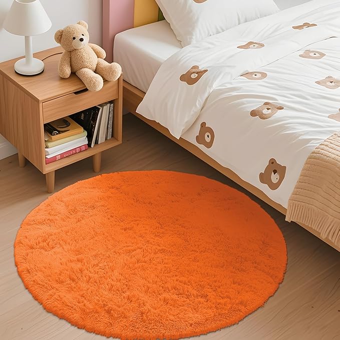 OLANLY Orange Round Rugs for Bedroom - Machine Washable, 3 ft Circle Area Rugs for Living Room, Soft and Fluffy Shaggy Carpet for Teen Girl and Boys, Nursery Rooms, Dorms, Home Decor Aesthetic