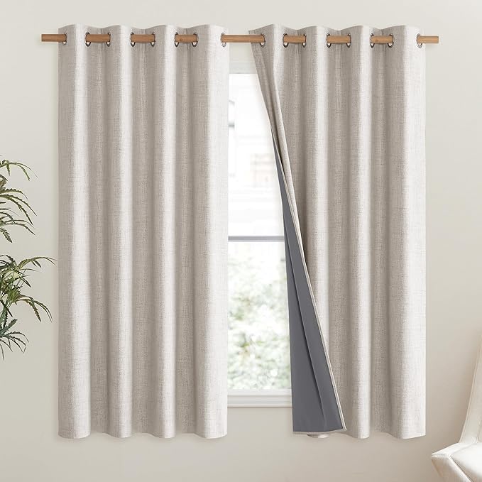 NICETOWN Brich Vintage Open Linen Weave Flax Thermal Curtains, 100% Blackout Curtains 45" Long for Dining Room, Soundproof Window Treatment Drapes for Hall Room, 52" Wide Per Panel, Set of 2