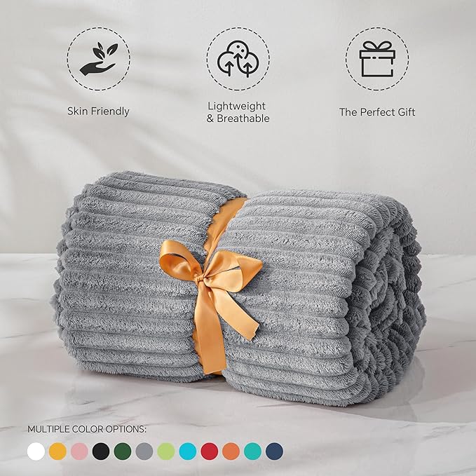 BEDELITE Fleece Throw Blanket for Couch – 3D Ribbed Jacquard Soft and Warm Decorative Fuzzy Blanket – Cozy, Fluffy, Plush Lightweight Grey Throw Blankets for Bed, Sofa, 50x60 inches