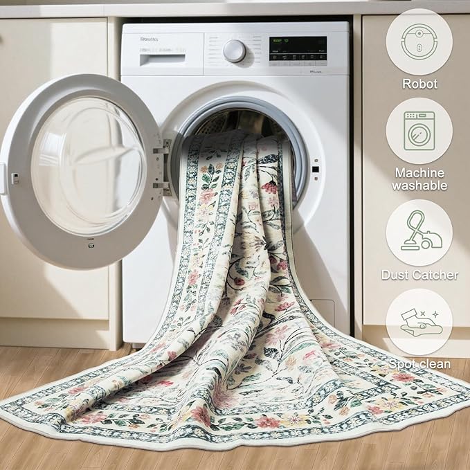 Round Area Rug for Living Room: 4 ft Floral Washable Circle Rug Soft Non-Slip Carpet Indoor Stain Resistant Low Pile Small Circular Rug for Bedroom Entryway Kitchen Nursery Home Office Green Beige