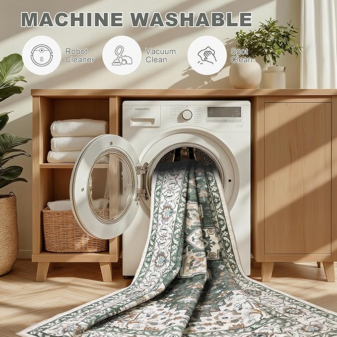 6x9 Area Rugs Living Room Rug: Washable Vintage Boho Medallion Rug No Slip Stain Resistant Soft Carpet Indoor Large Carpets for Bedroom Dining Room Farmhouse Nursery Hallway Home Office Green Ivory
