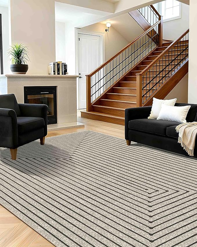 Latte&Fog 8x10 Area Rugs for Living Room, Large Beige Modern Abstract Washable Rug, Boho Non Slip Low Pile Carpet for Indoor Bedroom Dining Room, Office, Dorm, Classroom, Farmhouse and Kids Room