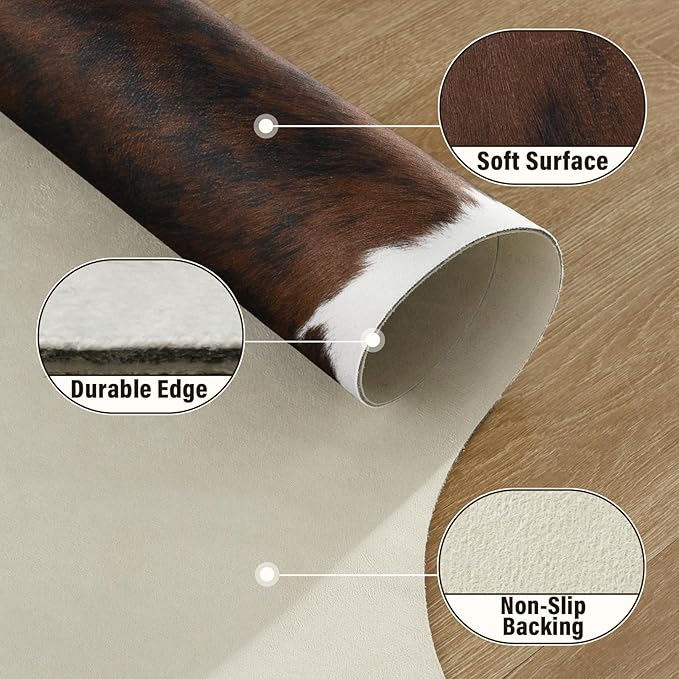 AROGAN Western Decor Faux Fur Cowhide Rug, 4.6x5.2 Feet Premium Animal Skin Cow Hide Rug, Sturdy Cow Print Rugs for Wall Decor, Western Floor Carpet for Bedroom Living Room, Black and Brown