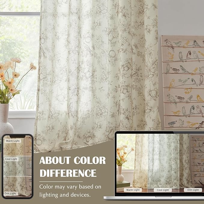 jinchan Linen Floral Curtains for Living Room 84 Inch Length Taupe Printed Flower French Country Curtain Farmhouse Cottage Core Toile Curtains Back Tab Light Filtering Window Drapes Set 2 Panels