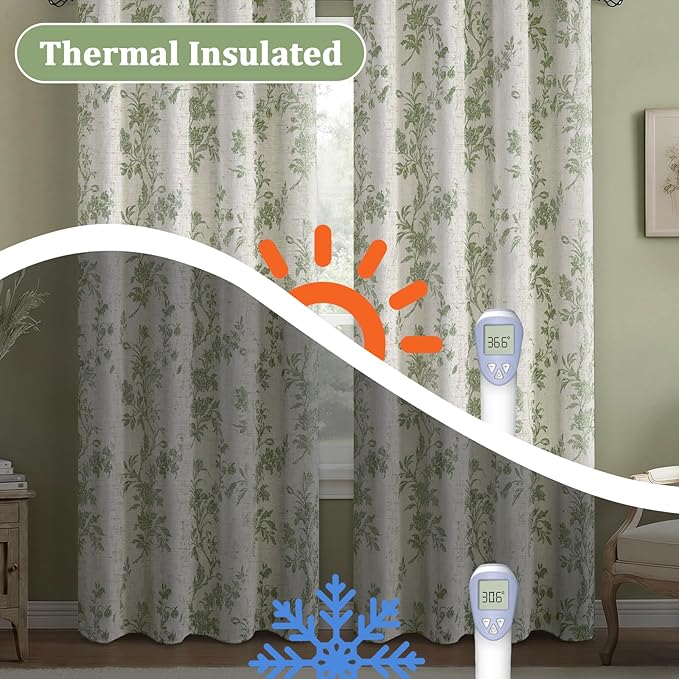 Floral Blackout Sage Green Curtains 90 Inch Length 2 Panels Set, Linen Texture Farmhouse Curtains for Living Room Bedroom