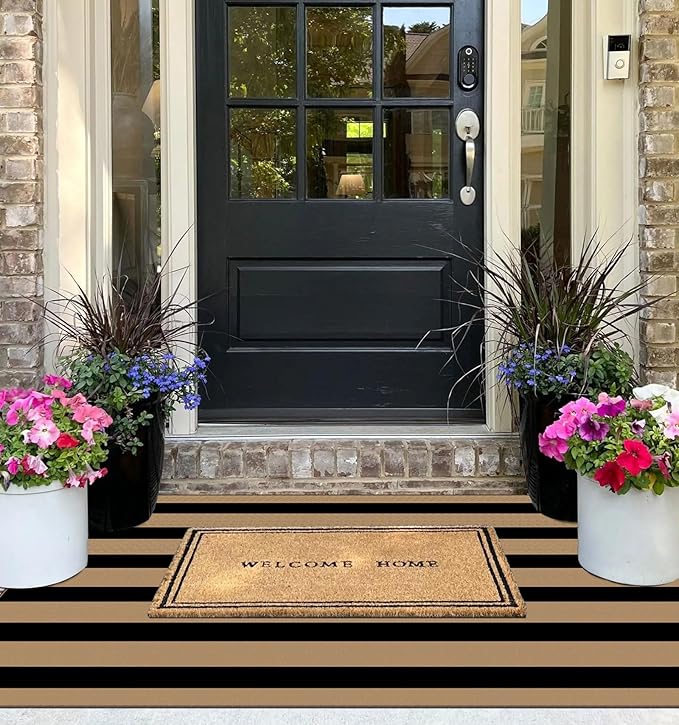 Black Tan Striped Entry Rug - 3x5 Ft Washable Indoor Outdoor Front Door Mat Outside Entrance Front Porch Mat Non-Slip Floor Carpet for Living Room Bedroom Entryway Kitchen Office Porch Decor