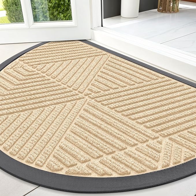 Smiry Half Circle Front Door Mat Outside Entrance, Heavy Duty Sturdy Natural Rubber Doormat, Trap Dirt and Moisture, Low Profile Mats for Indoor Outdoor Entry, Irregular Triangle (47x32, Beige)