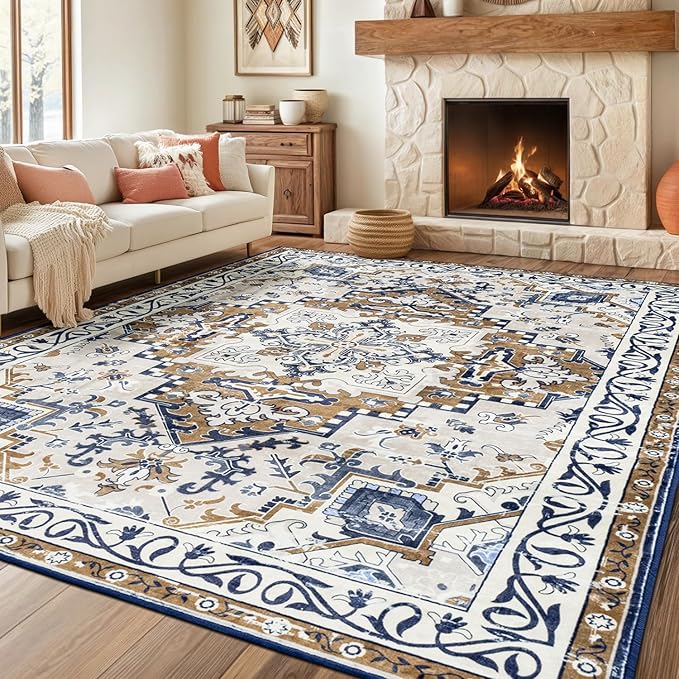 Rugflix 9x12 Area Rug for Living Room, Machine Washable Area Rugs with Non-Slip Backing, Large Soft Boho Vintage Rug for Bedroom, Dining Room, Low Pile Carpet, Kids Pet Friendly, Brown Beige