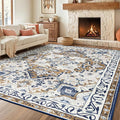Rugflix 9x12 Area Rug for Living Room, Machine Washable Area Rugs with Non-Slip Backing, Large Soft Boho Vintage Rug for Bedroom, Dining Room, Low Pile Carpet, Kids Pet Friendly, Brown Beige
