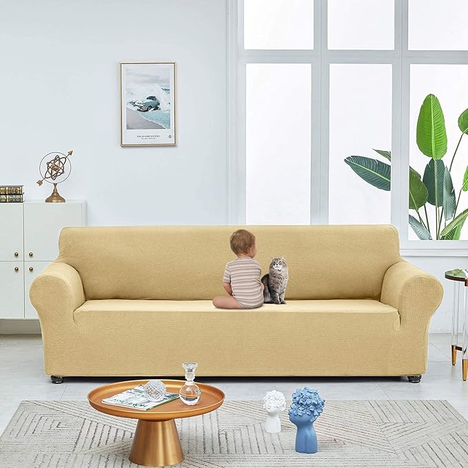 Joccun Stretch Sofa Cover for 2 Cushion Couch, Water Repellent Slipcover Protector, Washable Polyester Spandex Furniture Cover for Living Room, Pets (Champagne)