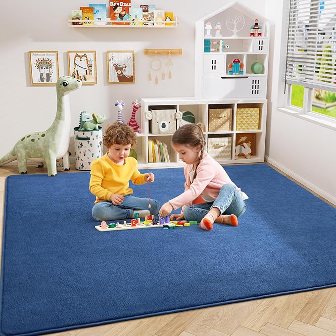 Amearea Large Modern Area Rugs for Bedroom Living Room, 8x10 Feet Blue Thickened Memory Foam Rug, Fluffy Indoor Washable Rugs Non Slip Minimalist Carpet for Boys Girls Dorm Nursery Room Decor