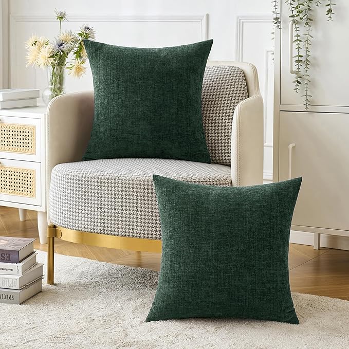 MIULEE Pack of 2 Green Throw Pillow Covers 18x18 Inch Soft Chenille Pillow Covers for Sofa Living Room Couch Solid Dyed Cases