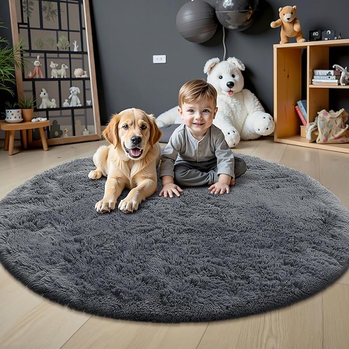 OLANLY Grey Round Rugs for Bedroom - Machine Washable, 8 ft Circle Area Rugs for Living Room, Soft and Fluffy Shaggy Carpet for Teen Girls and Boys, Nursery Rooms, Dorms, Home Decor Aesthetic