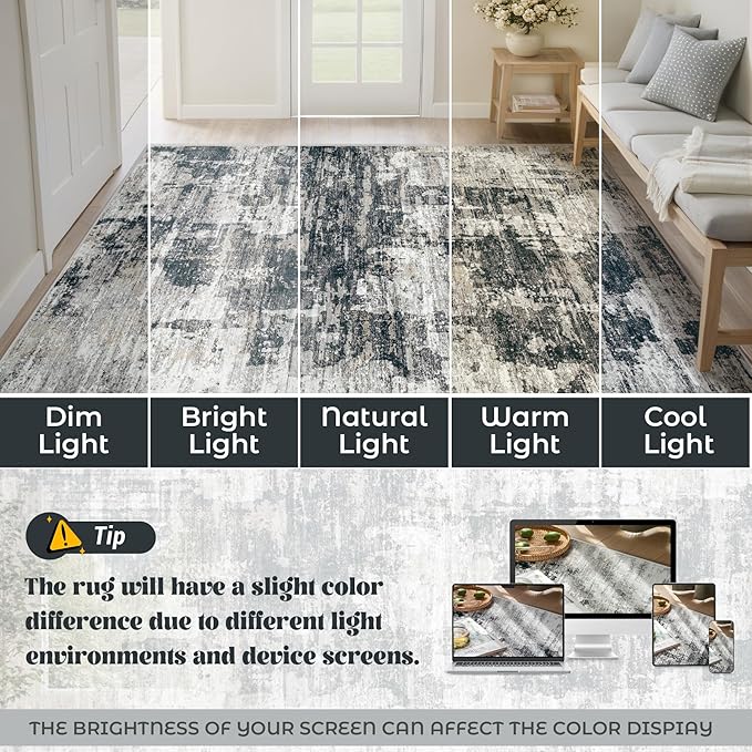 XLUEZ 8x10 Area Rugs for Living Room, Washable Modern Abstract Large Area Rug Neutral Soft Non Slip Kids Rug Stain Resistant Indoor Carpet for Bedroom Nursery Dining Room Playroom(BlackGrey, 8'x10')