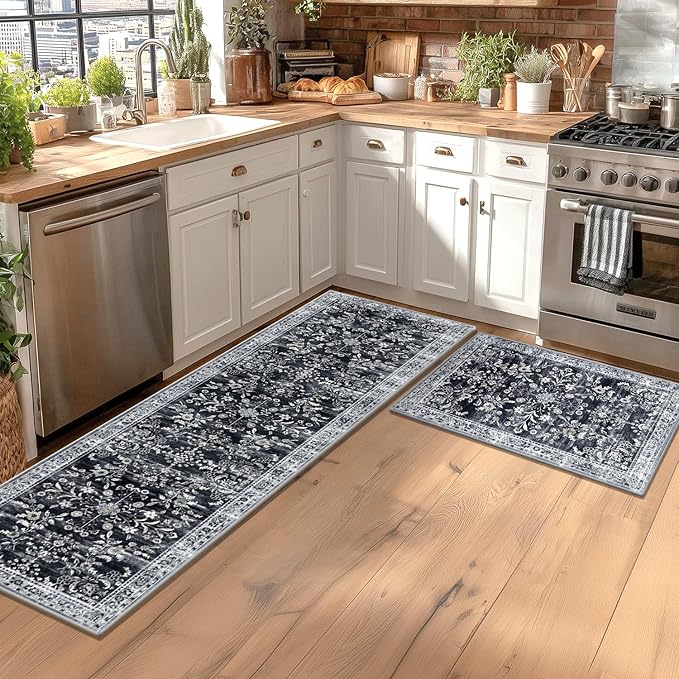 Yamaziot Washable Runner Rug 2x8 – Non Slip Boho Floral Hallway Runner Rug with Rubber Backing, Low Pile Faux Wool Distressed Carpet for Kitchen, Laundry, Bedroom, Entrance, Navy/Black