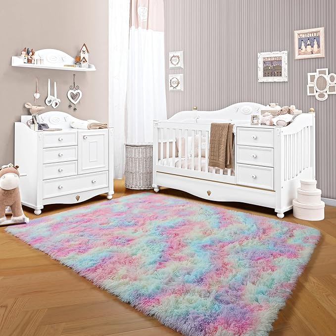 ONASAR Rainbow Area Rugs for Girls Bedroom, 4x6 Fluffy Bedside Colorful Rug, Cute Soft Plush Shaggy Princess Fuzzy Indoor Floor Carpet for Nursery Kids Baby Teen Dorm Playroom Home Decor Aesthetic