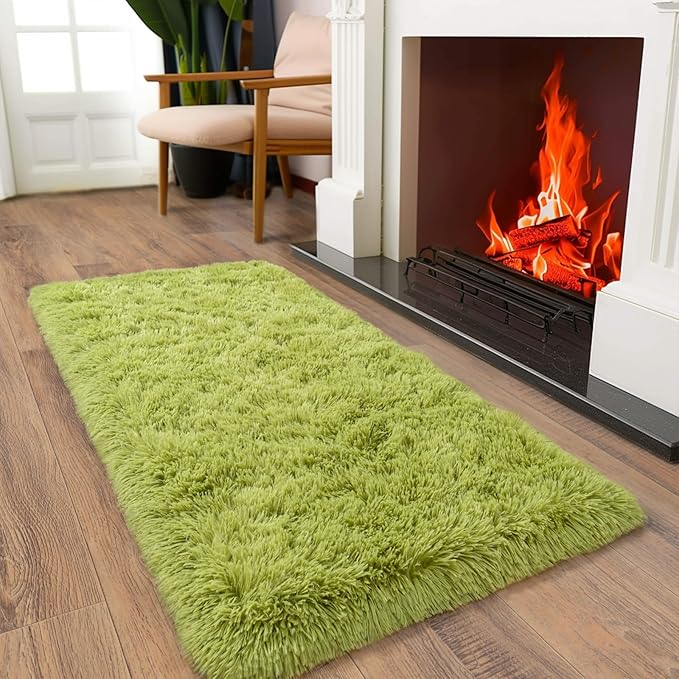 Soft Runner Rugs for Bedroom Hallways, 2x4 Grass Green Fluffy Shag Throw Area Rug Non Slip for Bedside Dorm, Long Shaggy Furry Carpet for Nursery Living Room