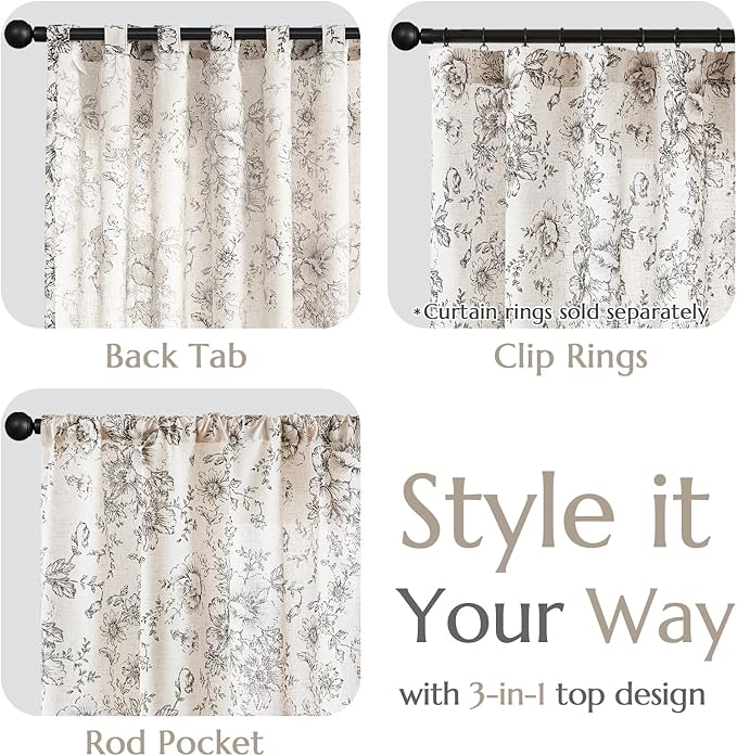 jinchan Linen Blend Curtain Floral Curtains for Living Room 45 Inch Length Black Printed Curtain Rod Pocket Back Tab Farmhouse Peony Flower Patterned Drapes Bedroom Window Curtains Set 2 Panels