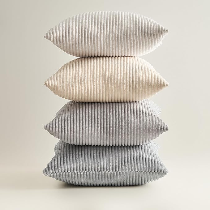 Topfinel 4 Packs Neutral Decorative Throw Pillows Covers 26x26 Inch for Living Room Couch Bed Sofa, Rustic Farmhouse Boho Neutral Home Decor, Soft Plush Striped Corduroy Square Cushion Case 65x65 cm