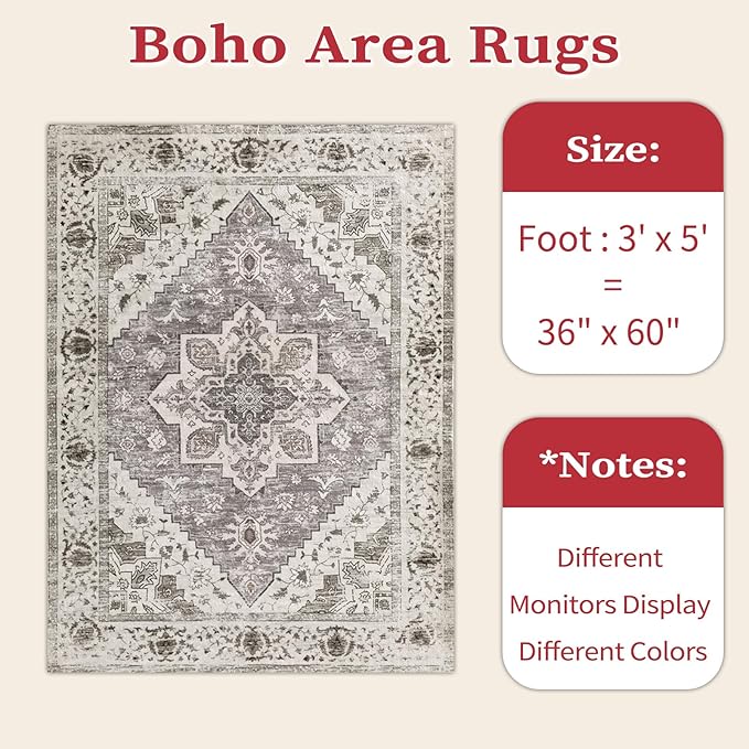 SERISSA Area Rug 3x5 Boho Rugs for Bedroom, Washable Kitchen Rugs Non-Slip, Ultra Soft Print Distressed Entry Rug Low-Pile Throw Rug Earth Tone Carpet for Bedroom Nursery Living Room Decor